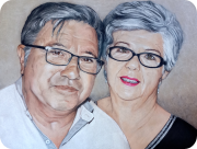 Retrato familiar de pareja realizado a pastel. Clua y Mariné.