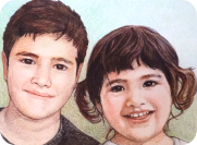 Retrato de niños realizado a lápices de colores. Idar y Eira.