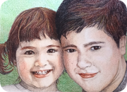 Retrato de niños realizado a lápices de colores. Eira y Idar.