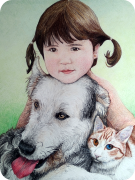Retrato de niña con sus mascotas realizado a lápiz de color. Eira, Drac y Mixi.