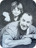 Retrato familiar , padre e hija realizado con lápices de colores en blanco y negro. Elies y Elia.