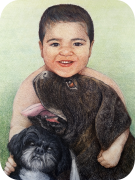 Retrato de niño con sus mascotas realizado a lápiz de color. Idar, Colego y Kitty.