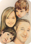 Retrato familiar de primer plano realizado con lápices de colores. Mar, Dani, Eric y Marc.